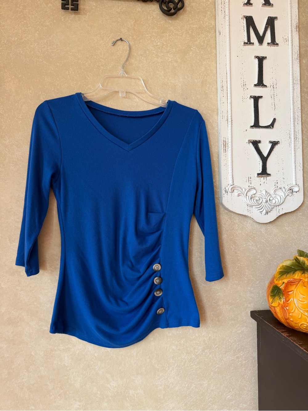 INSPIRE CHIC Women's Ruched Blouse Button Decor V Neck 3/4 Sleeve Top